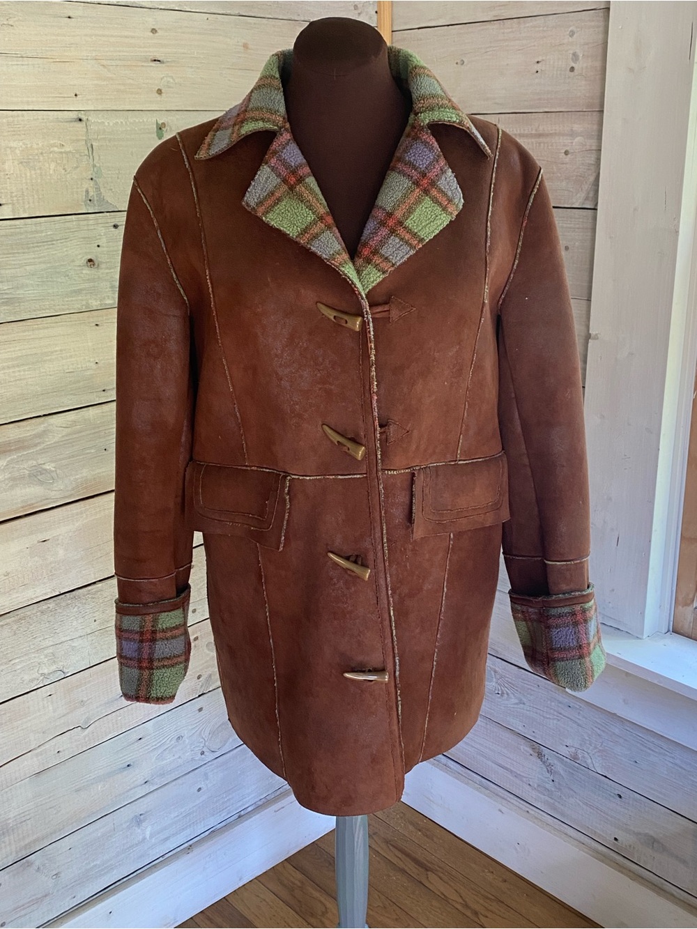 Orvis Brown Suede Shearling Toggle Coat with Plaid Trim